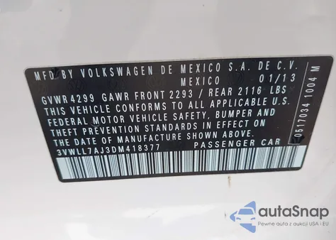 2013 Volkswagen Jetta 2.0L Tdi from USA, damaged, VIN 3VWLL7AJ3DM418377